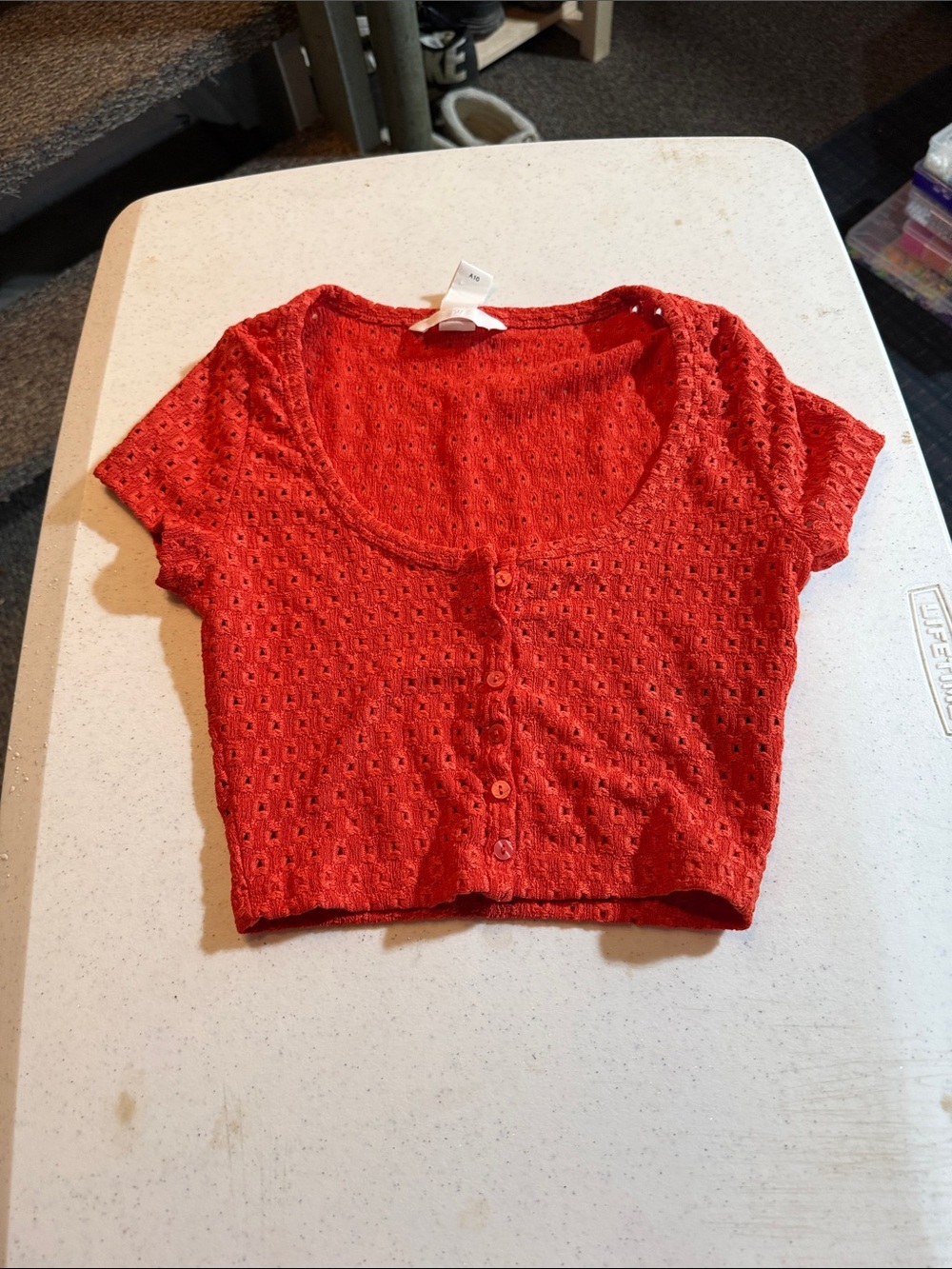 H&M Red Eyelet Knit Button-Up Crop Top
